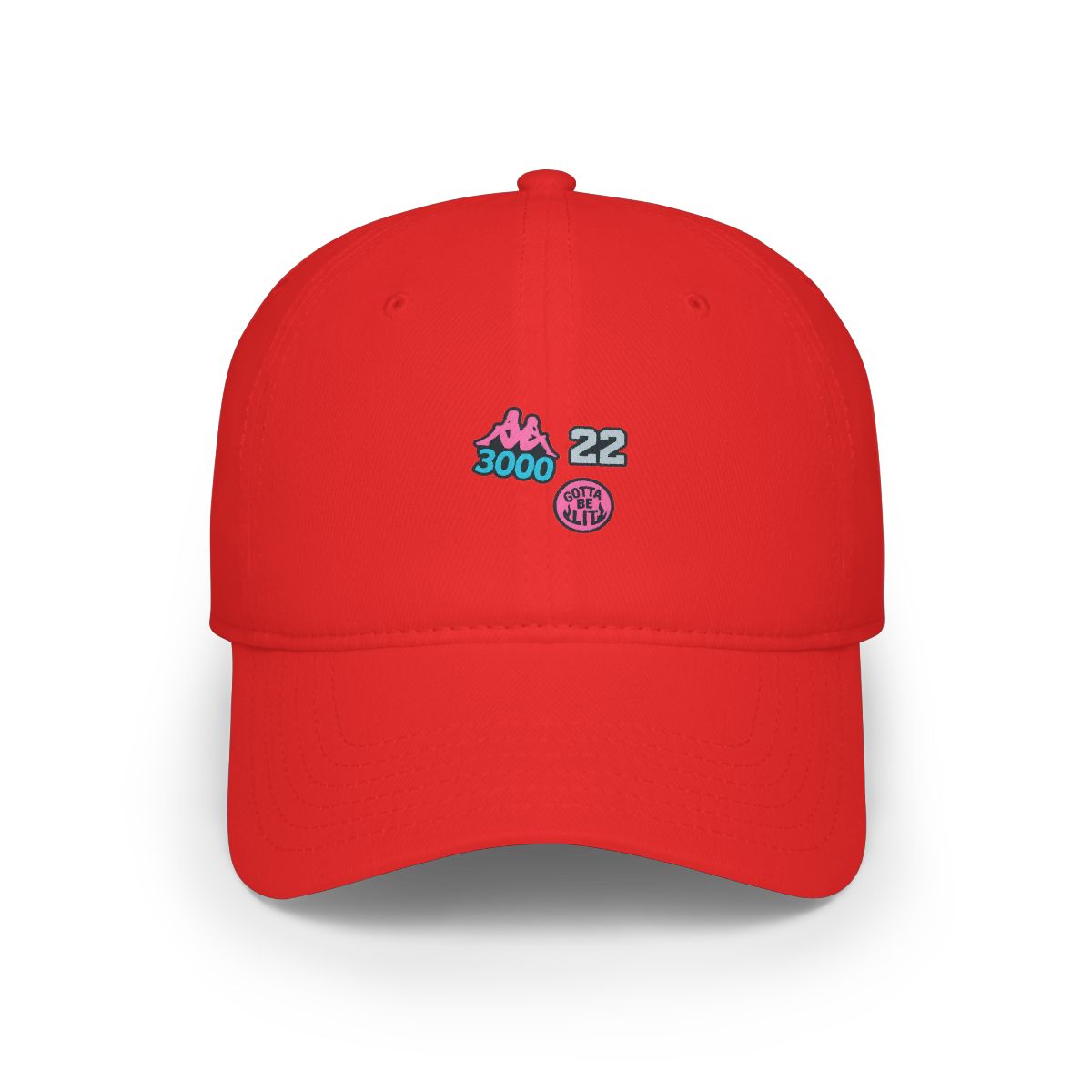 Black baseball cap with a curved peak. Features a pink and blue logo patch the text "3000" and the number "22" in white. A smaller pink patch text is on the side. - Official hats merchandise