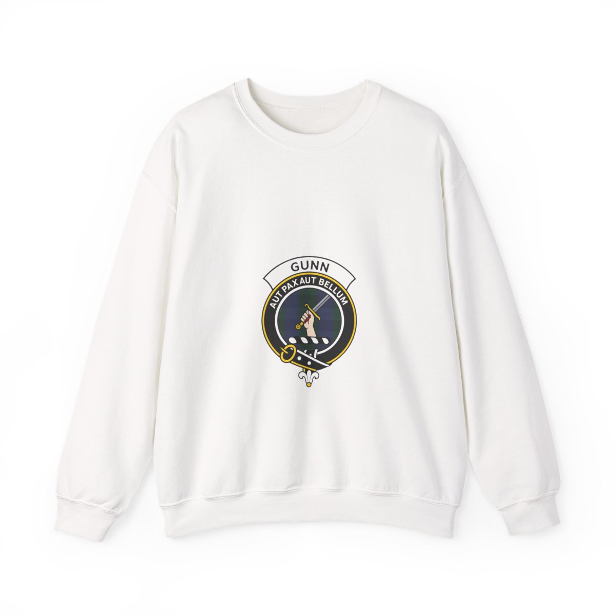 Green sweatshirt with a white and green clan crest featuring a sword and the text "GUNN AUT PAX AUT BELLUM". - Official sweatshirts merchandise